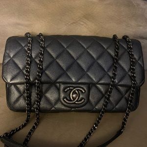 SOLD Authentic Chanel Medium Single Flap RHW - Pearly Metallic Dark Grey/Blue
